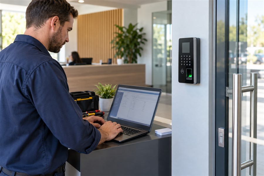 Técnico configurando un sistema de control de acceso biométrico