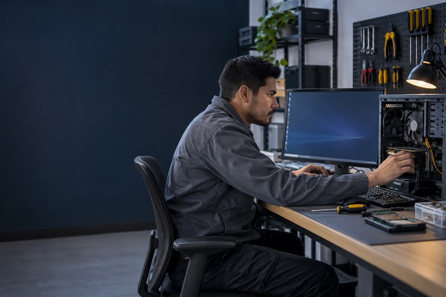 Técnico realizando diagnóstico a una computadora de escritorio